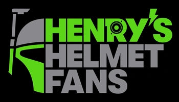 Logo for Henry's Helmet Fans: A gray & lime green half of Boba Fett's helmet (the lower half in lime green & the upper half in gray) next to a stacked business name--Henry's Helmet Fans (w/ 